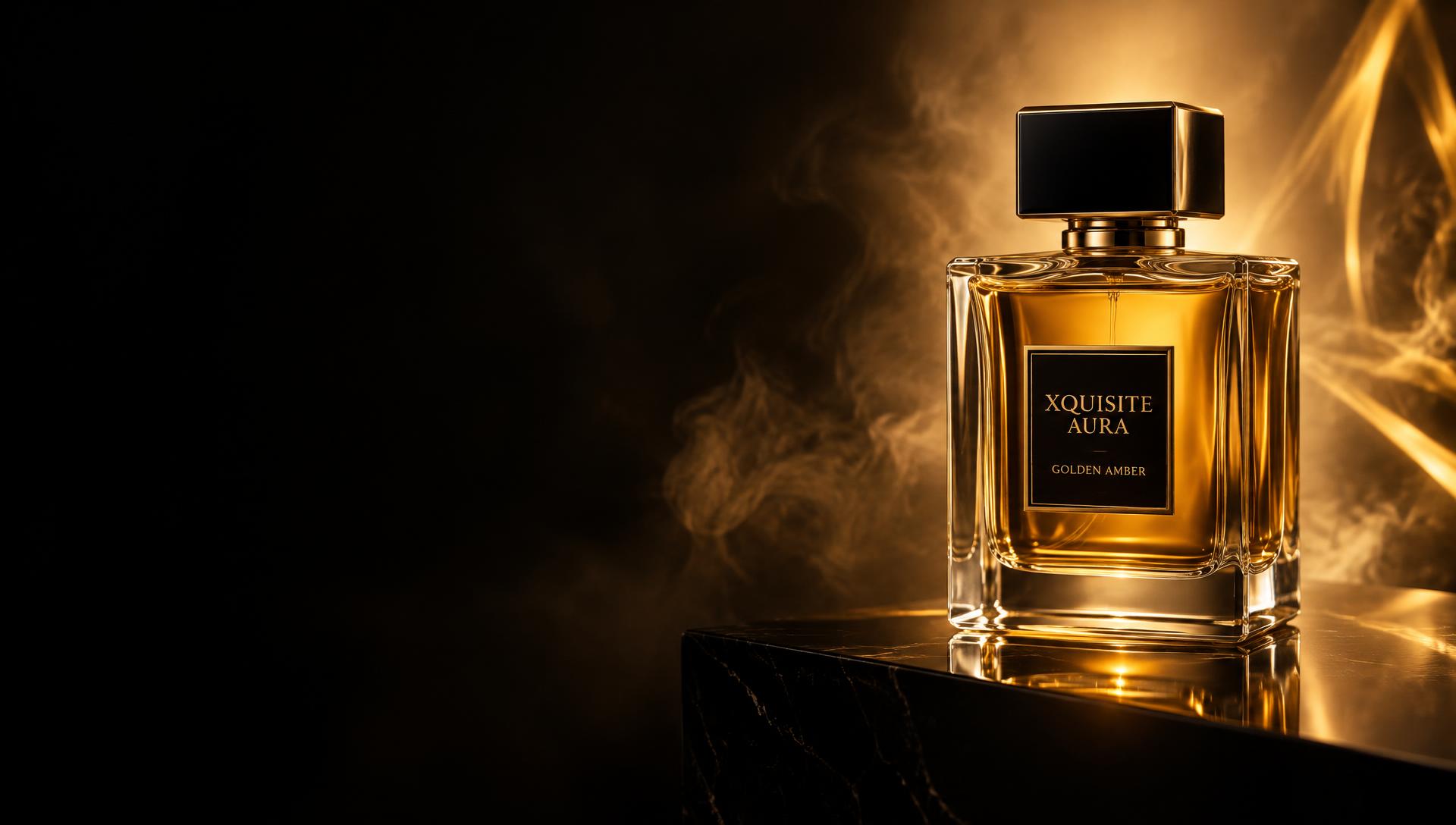 Golden Amber perfume illuminated in cinematic gold light